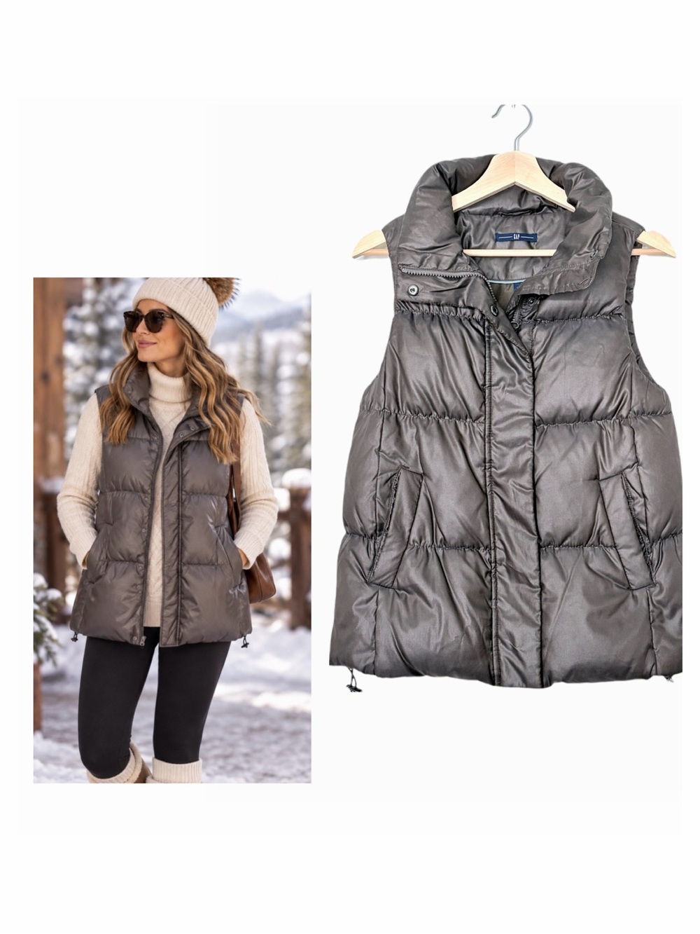 Gap Down-Filled Puffer Vest Brown Funnel Neckline Size Small